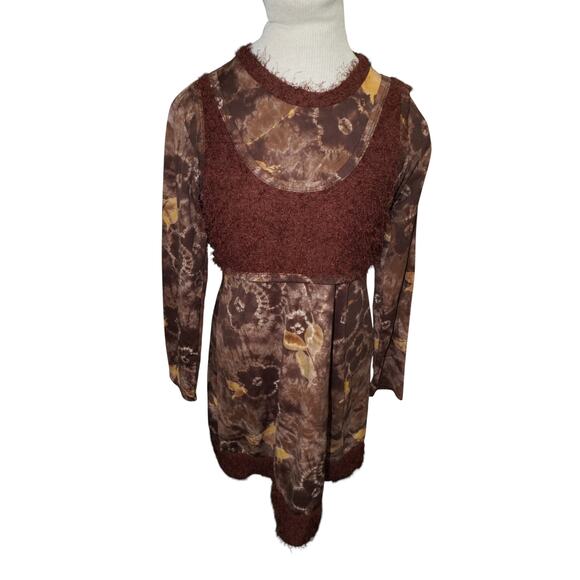Y2K Brown Floral Mesh Dress with Fuzzy Knit Trim Long Sleeve Retro Layered S - Picture 4 of 11